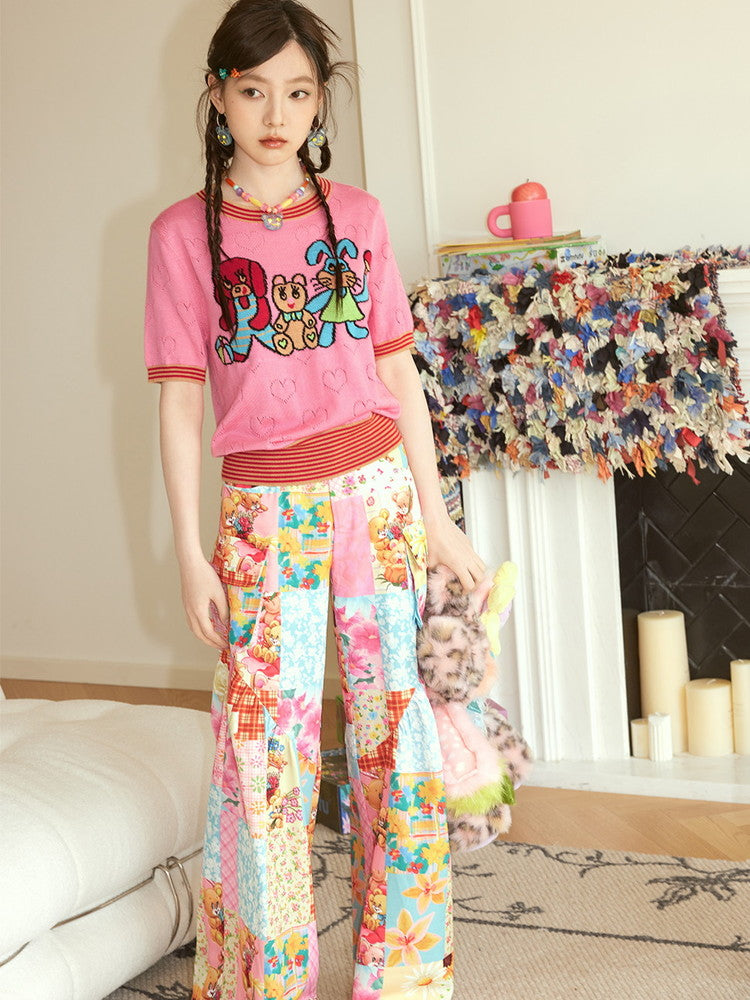 Patchwork Flower Colorful Bear Flower Checked Fancy Pants