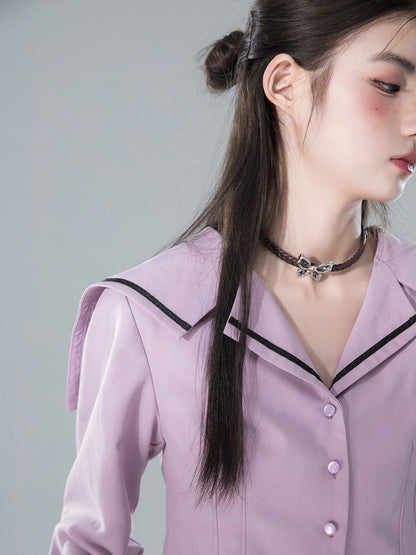 Sailor-Collar Retro Big-Collar Bi-Color Blosue