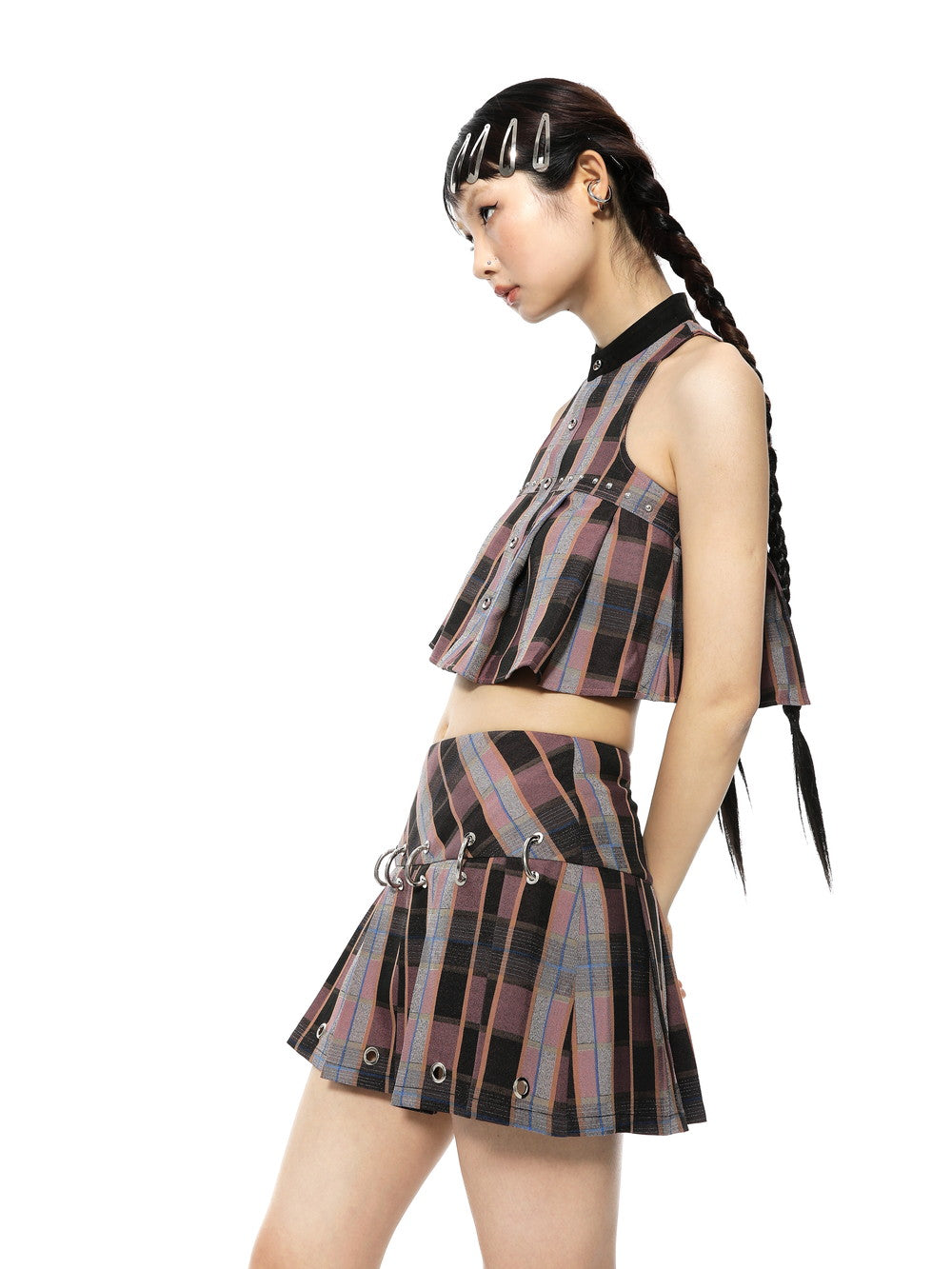 CHECKED PLEATS FLARE SLEEVESSS CROPPED TOPS