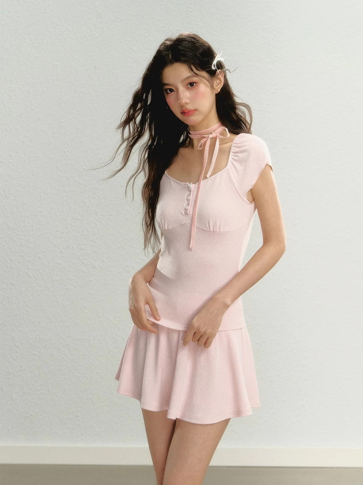 Set-Up Ribbon Feminine Plain Tops＆Mini-Skirt＆Bolero