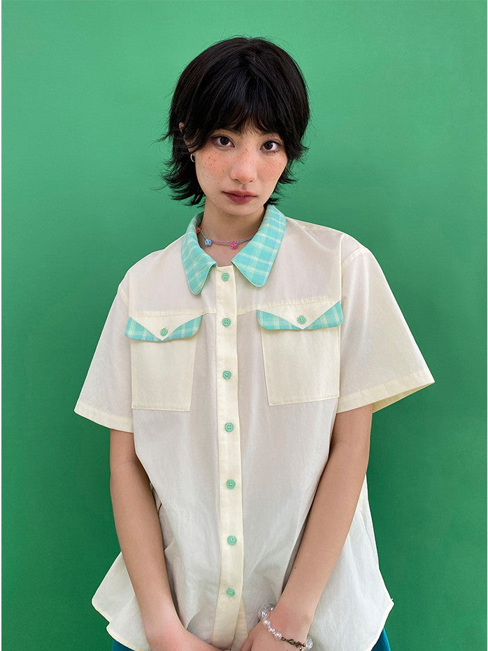 Checked Girly Retro Natural Half-Sleeve Shirt