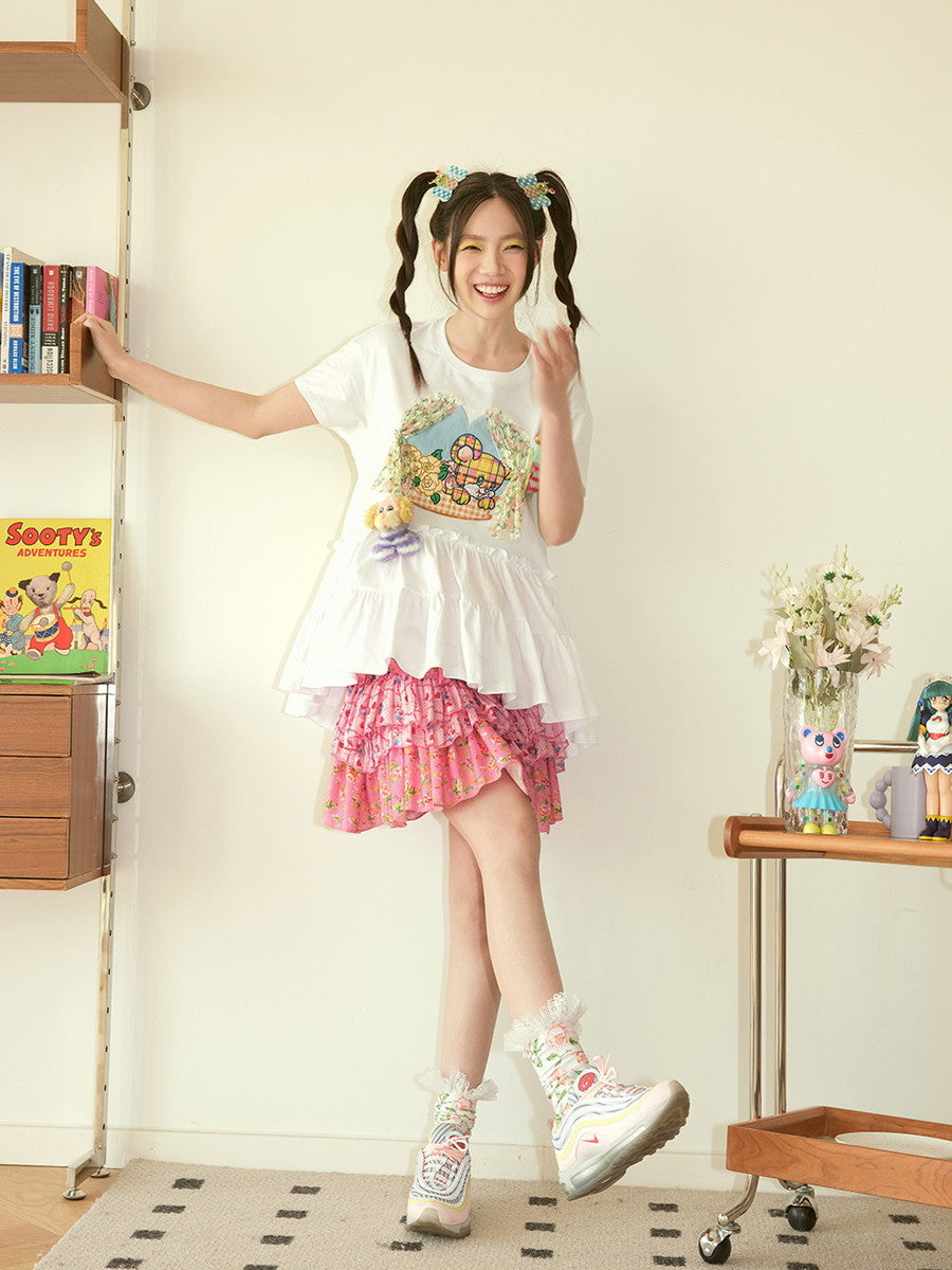 Tiered Drill Vivid Cute Flower Heart Short Fancy Skirt