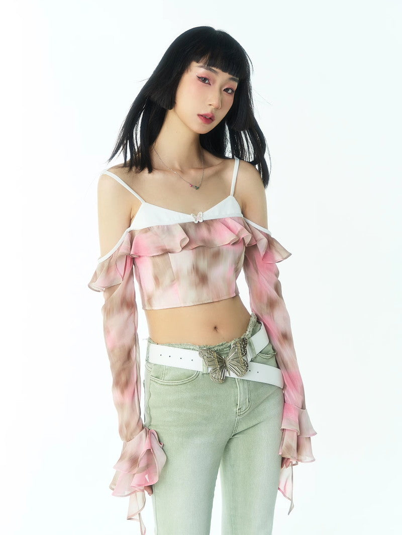 Tie-Dye Sheer Fake-Off-Shouler Ruffle Gather Watercolor Tops