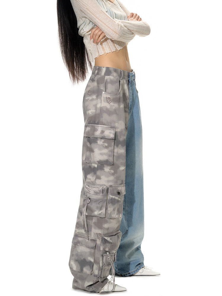 Mix Denim Unique Half-Design Cargo-Pants Wide-Pants