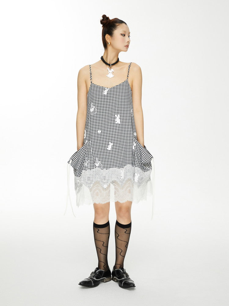 Lace Gingham-Checked Girly Loose Camisole Casual Dress＆Pants