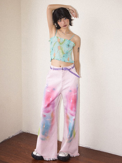 Tie-Dye Pale-Tone Damage Cotton-Candy Tassel Casual Straight Denim-Pants