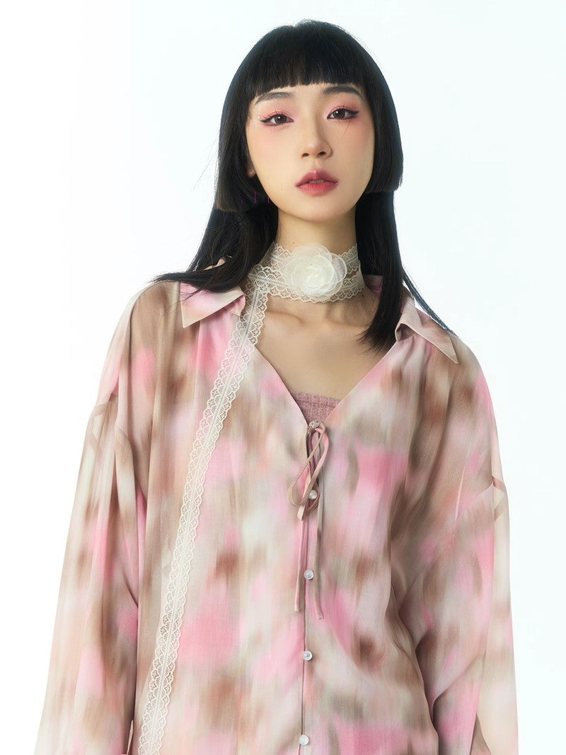 Tie-Dye Sheer Oversize Fish-Tail Back-Open Watercolor Shirt