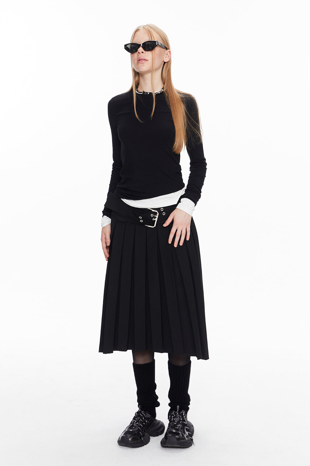 Pleats Asymmetry Belt Long-Skirt