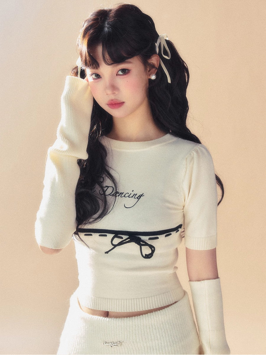 Set-Up Knit Arm-Cover Ribbon Chic Girly Cute Tops＆Mini-Skirt