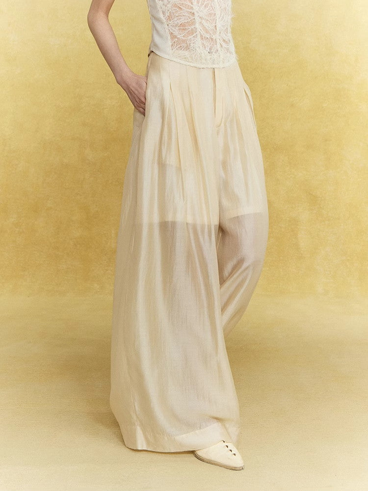 Wide-Leg Handsome Plain Straight Satin Sheer Elegant Pants