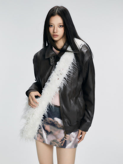 Fur-Neck Smooth Ovresize High-End Leather-Jacket