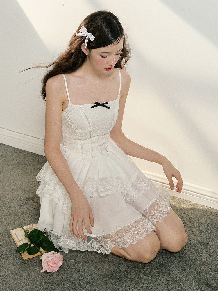 Camisole Lace Feminine Flower Tiered Short Dress