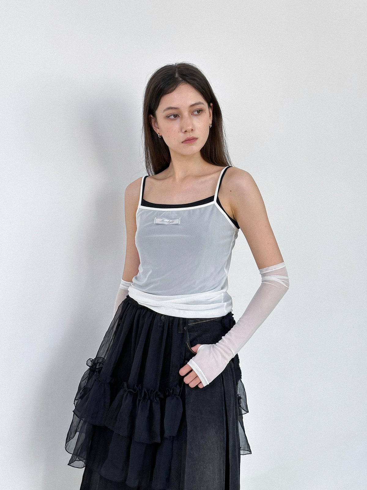 Mesh See-Through Layered Camisole&amp;Arm-Warmer