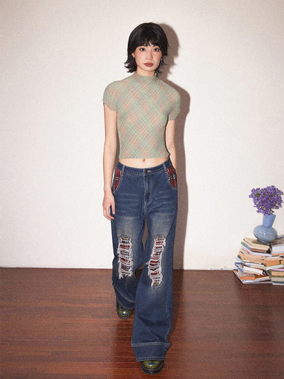 Crash Damage Wide-Leg Casual Denim Pants