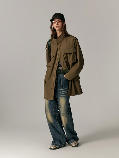 Stand-Collar Casual Loose Washedvintage Middle Jacket