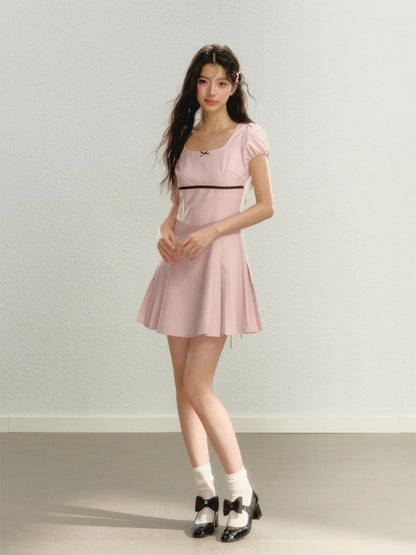 Side-Pleats Simple Flare Short Ribbon Bi-Color Dress