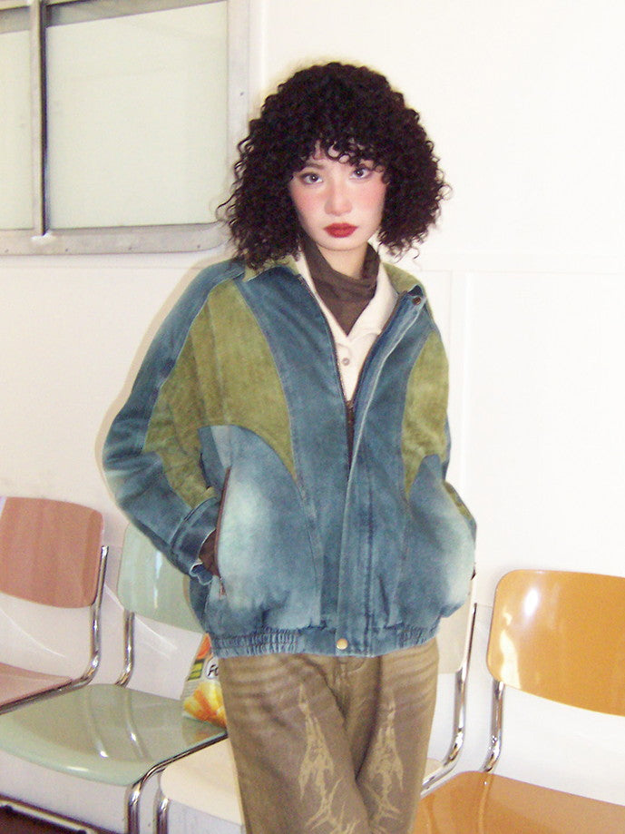 Jacket en denim de patchwork en velours côtelé lavé vintage