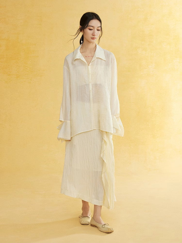 Side-Button Natural Sheer Oversuze Shirt