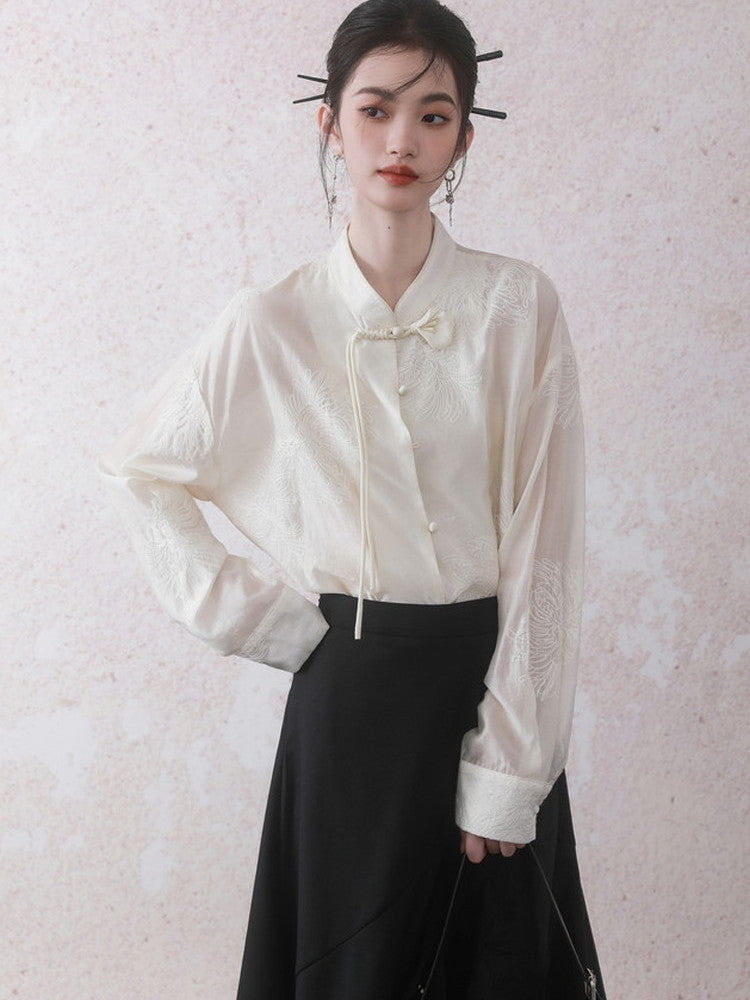 China Oversize See-Through Flower Embroidery Blouse