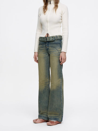 Denim Faded Casual Retro Vintage Wide-Pants