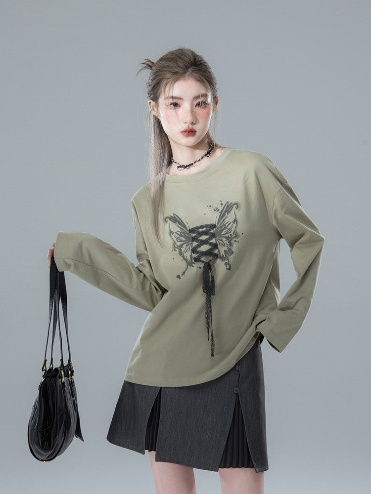 Lace Butterfly Crew-Neck Casual Ovresize Long-T-Shirt