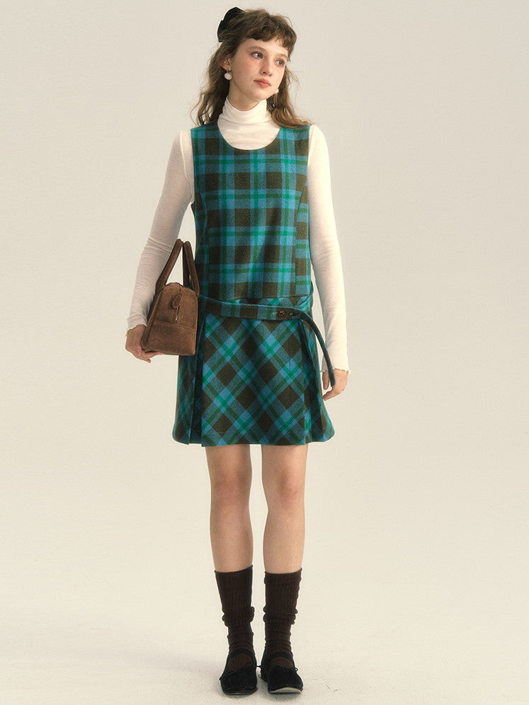 Wool Checked Sleeveless U-Neck Layered One-Piece