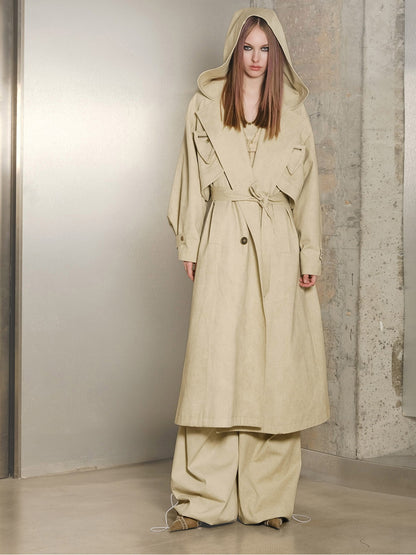 Hoddie Belt Classy Oversize Plain Trench-Coat Long-Coat