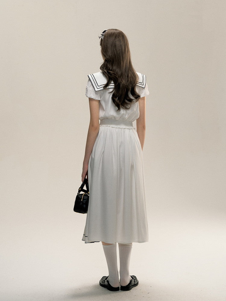 Bi-Color Ribbon Sailor-Collar Puff-Sleeve College Blouse＆Skirt