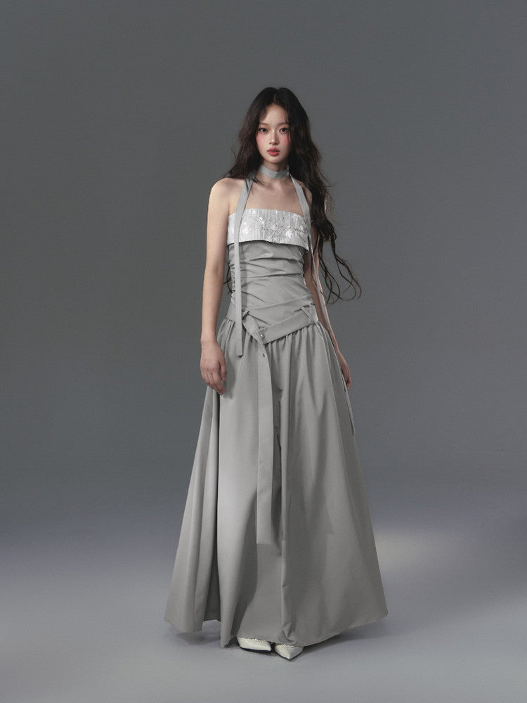 Halter-Neck Wrap Nichi Long Embroidery Dress