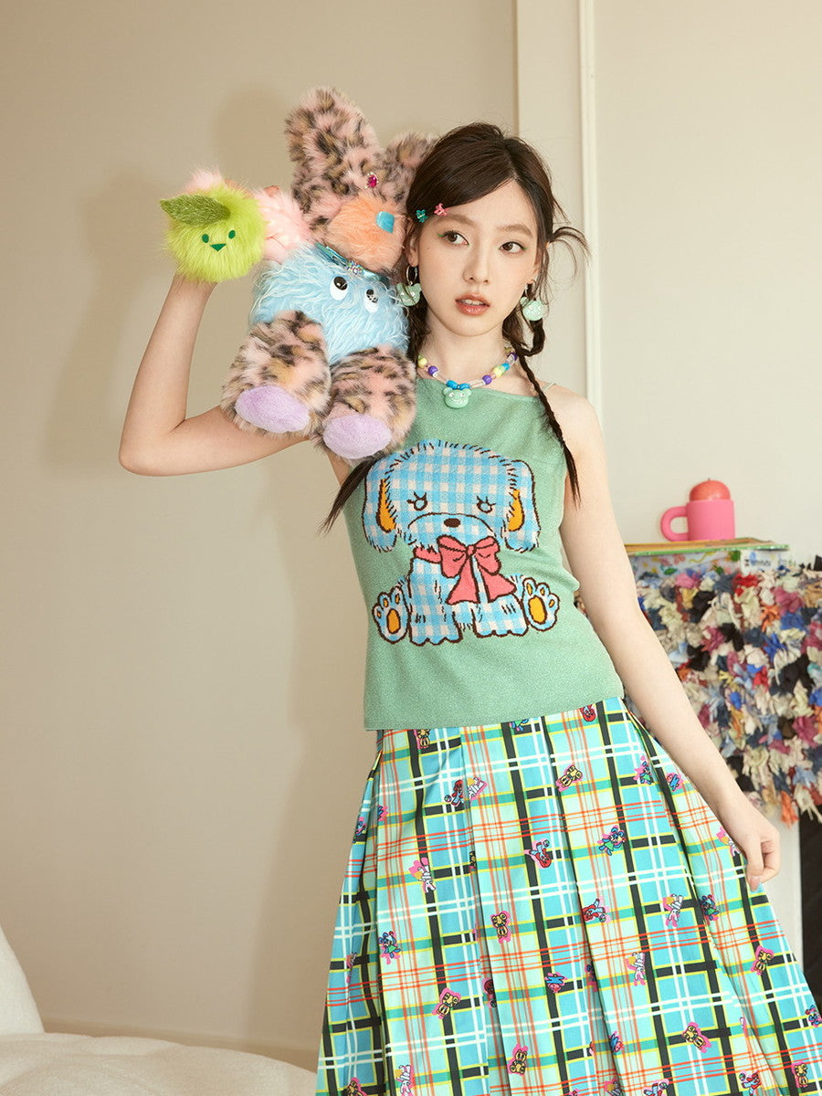 Checked Embroidery Bear Animal Tiered Fancy Flare-Skirt