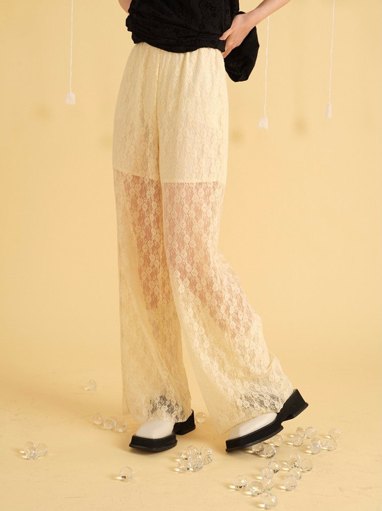 Flower Straight Lace Sheer Feminine Loose Pants