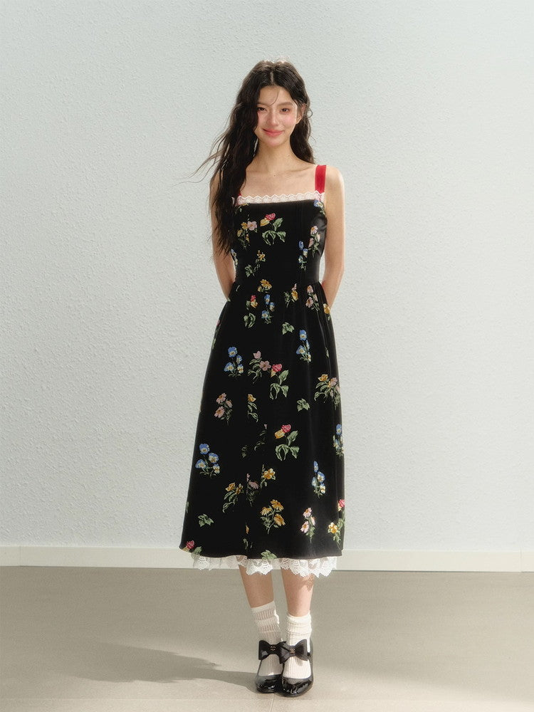 Shoulder-Ribbon Long Flower Lace Feminine Dress