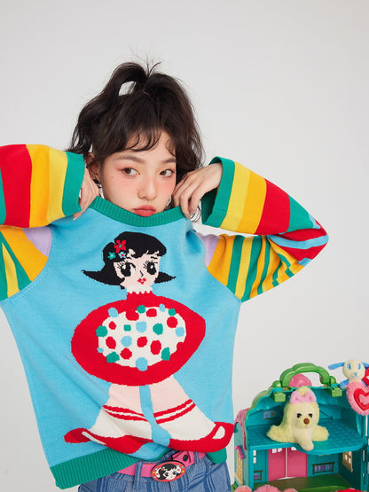 Colorful Rainbow Border Girl Fancy Knit