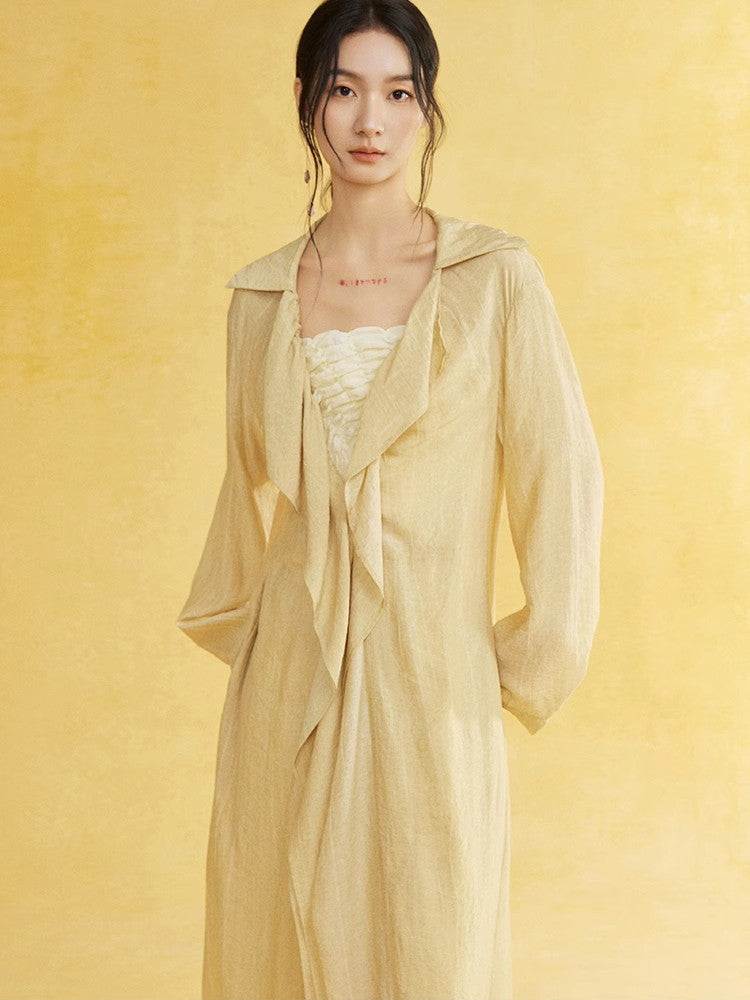 Retro Sheer Oversize Ruffle Wrinkled Long-Cardigan