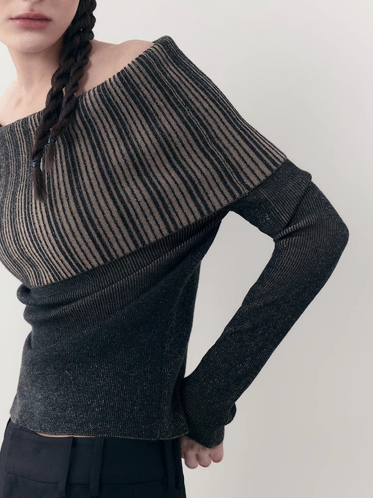 Off-Shoulder Stripe Long-Tie Retro Knit