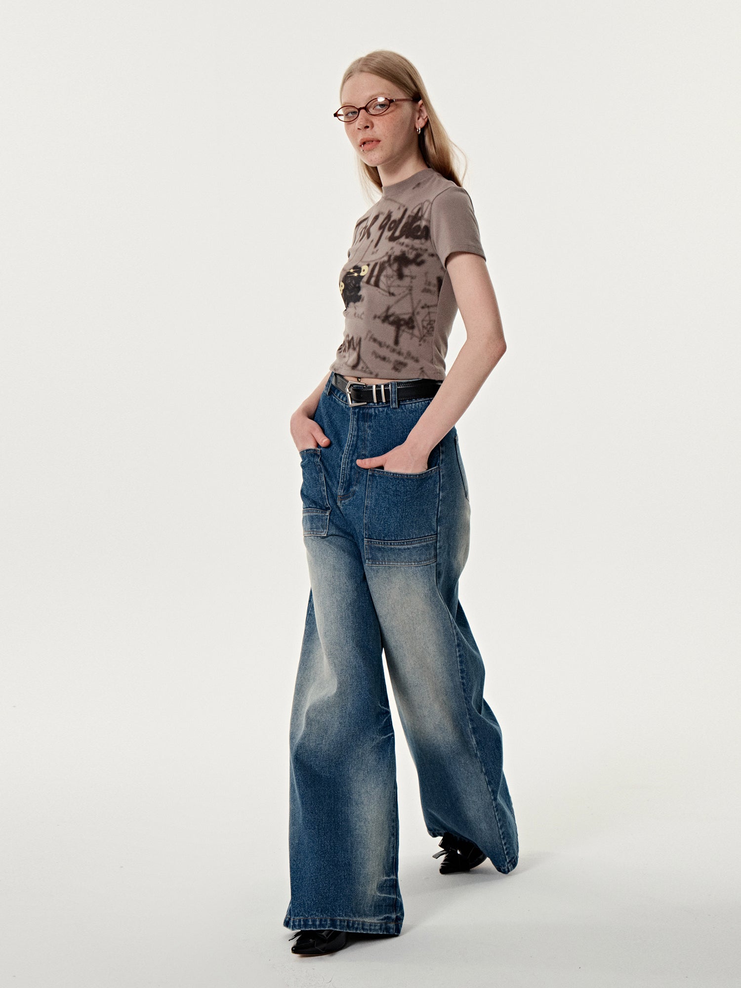 Faded Denim Wide-Leg Casual Pants