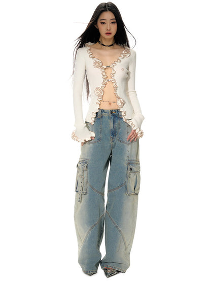 Denim Wide-Leg Straight Casual Side-Pocket Belt Pants