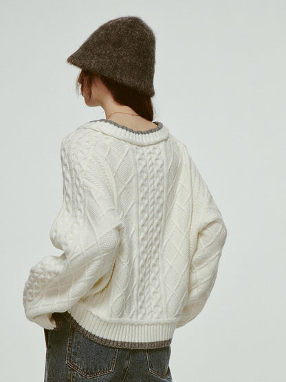 Oversize V-Neck Casual Loose Bi-Color Cable-Knit