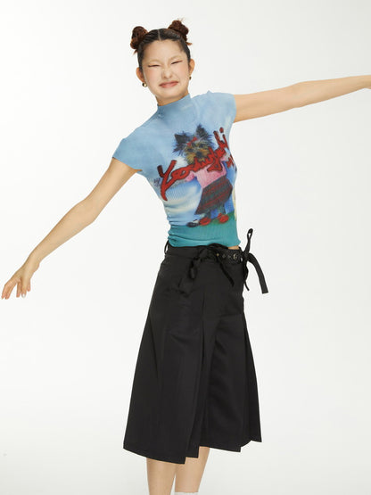 Ribbon Plain Wide-Leg High-Waist Nichi Half-Pants