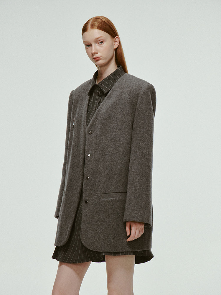 No-Collar V-Neck Oversize Plain Wool Jacket