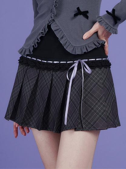 Ribbon Checked Pleats Girly Retro Mini-Skirt