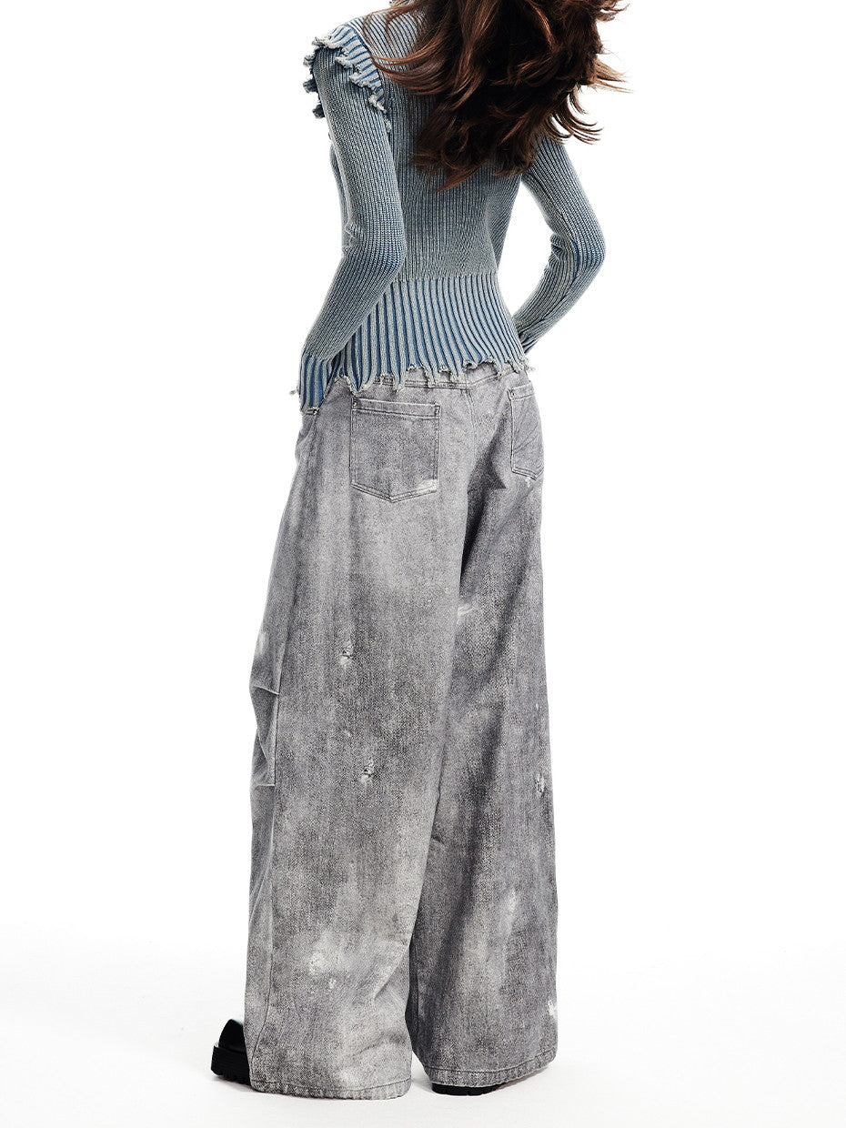 Denim Vintage Crush Pale Loose Damege Wide-Pants