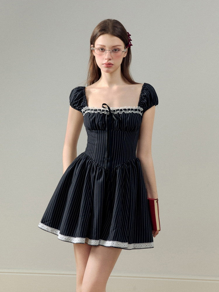 Stripe Square-Neck Puff-Sleeve Lace Girly Flare Dress