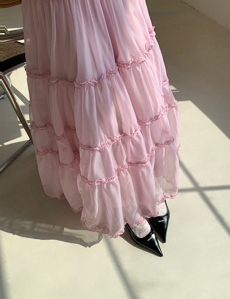 Tulle Ciffon Tiered Sheer Volume Long-Skirt