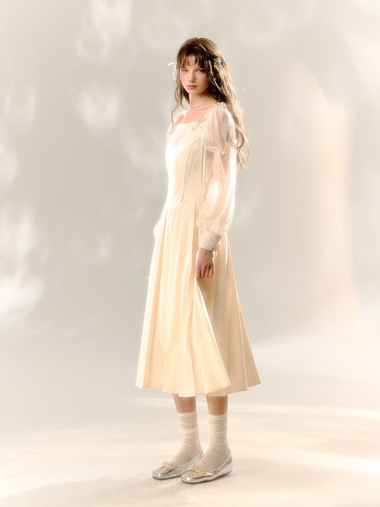 Butterfly Ribbon Elegant Long Sheer Camisole Long-Sleeve Dress＆Bolero