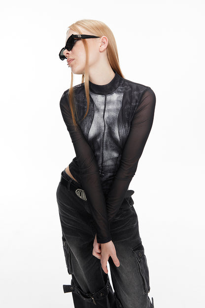 Faded Vintage Sheer Slim Band-Collar Shirt