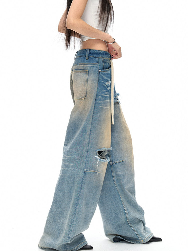 Damage Crush Straight Loose Wide Faded Denim-Pants