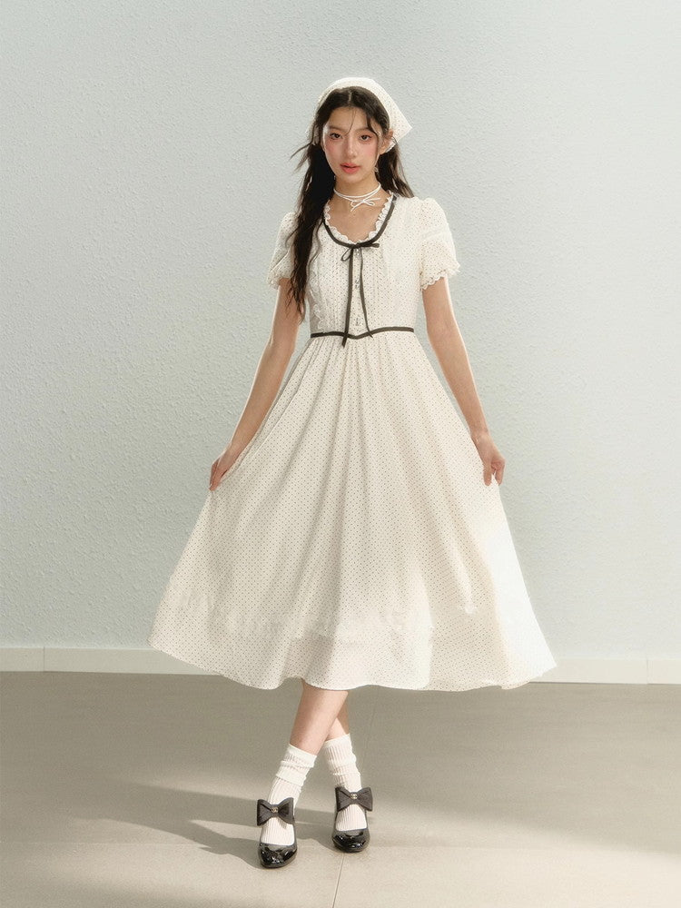 Girly Dot Lace Long Retro Ribbon Dress