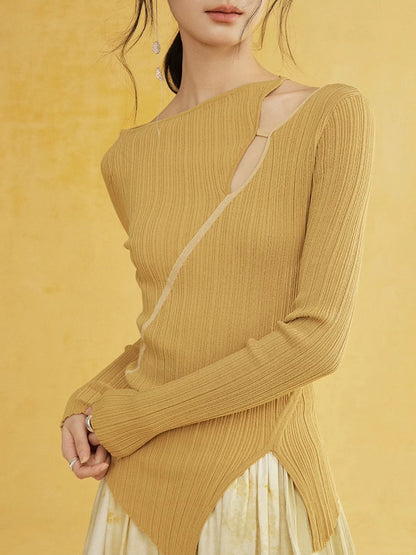 Asymmetry Nichi Slim Slit Casual Unique Rib-Knit