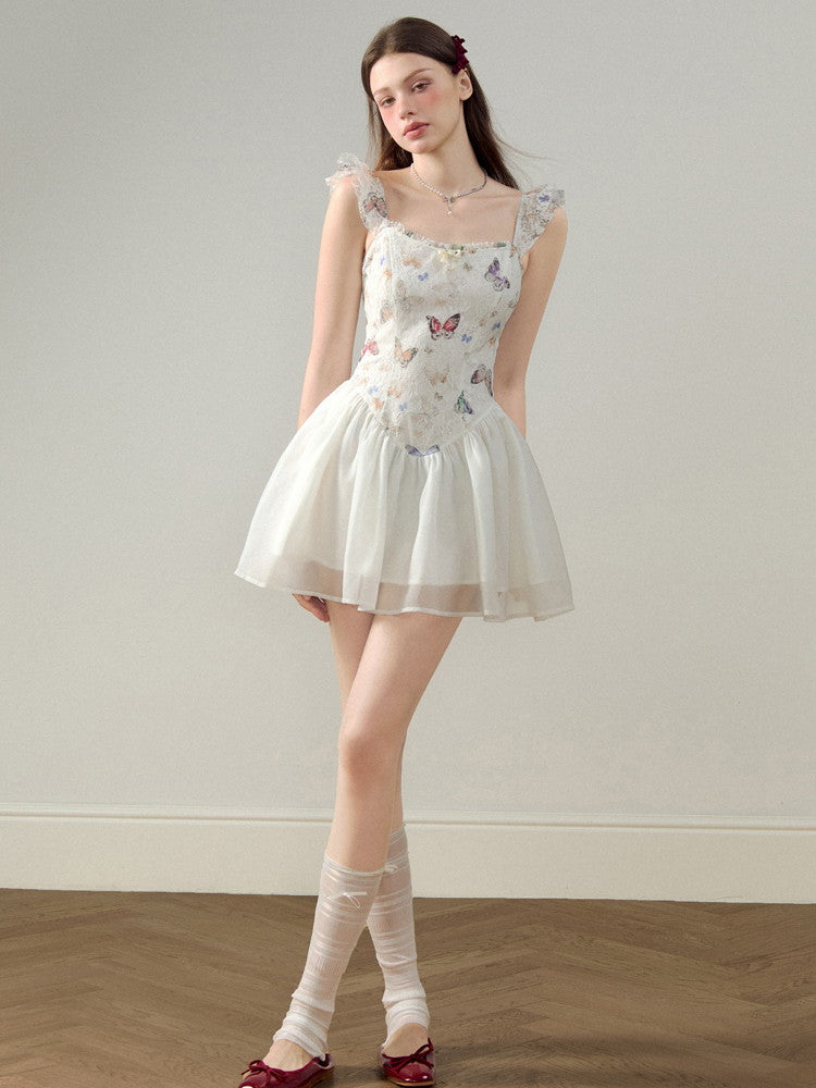 Embroidery Butterfly Lace Ribbon Ciffon Ceminine Fluffily Short Dress